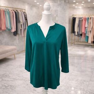 White Birch Emerald Green Split Neck Blouse Tab Sleeve Tunic L NWOT